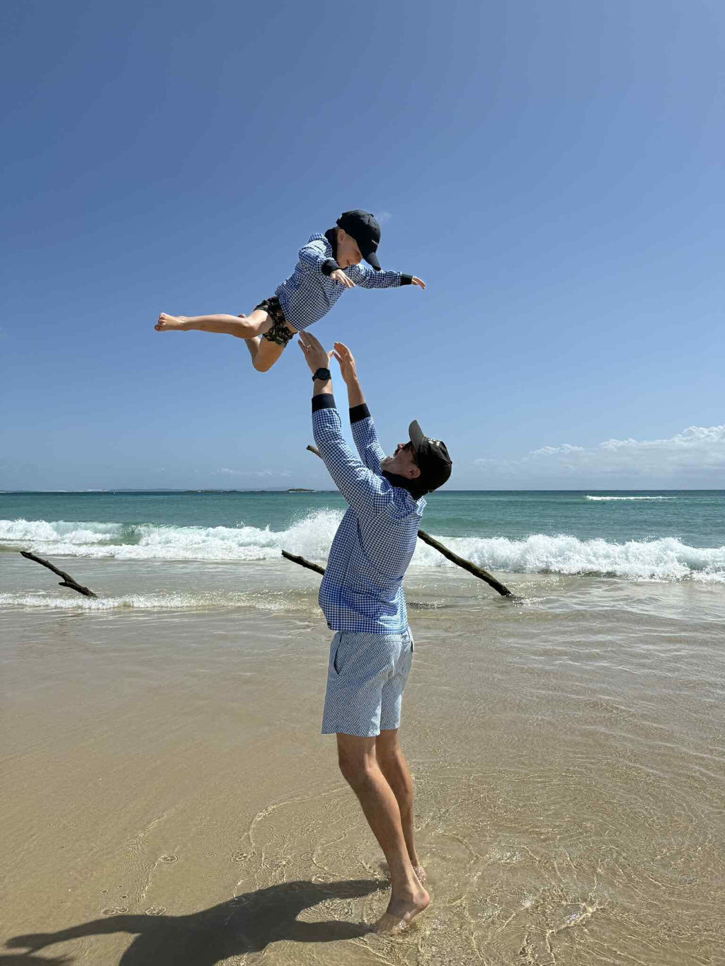 PORTSEA - Adults Fishing Shirt |  Blue Gingham Check Shirt with Embroidered Marlin