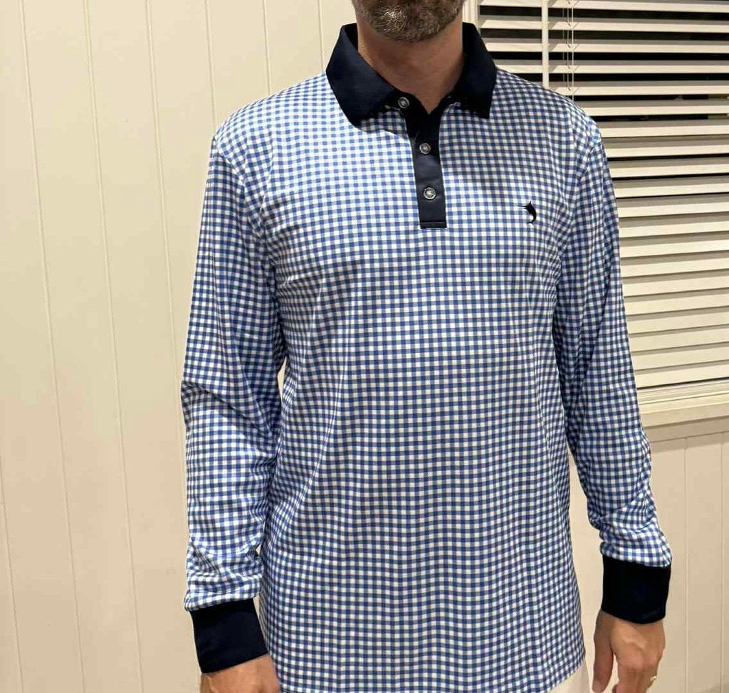 PORTSEA - Adults Fishing Shirt |  Blue Gingham Check Shirt with Embroidered Marlin